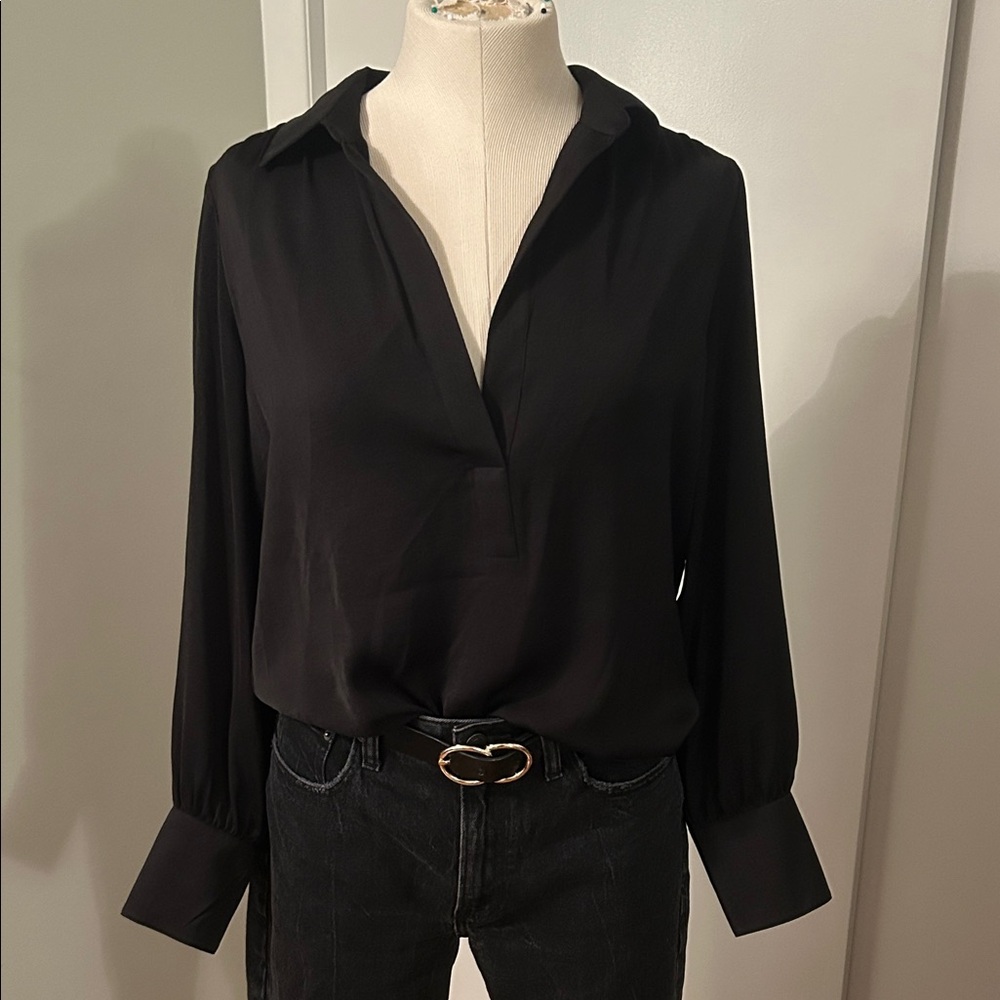 Black Collared Blouse with Deep V Neck and Cuffed Sleeves